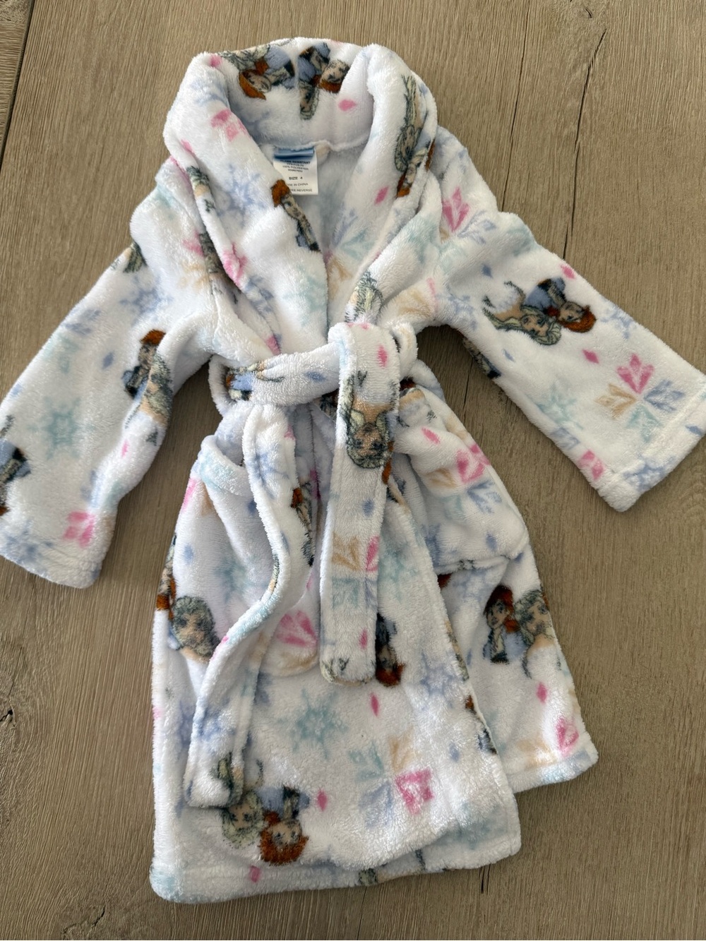 Plush Kids Robe with Snowflake & Character Print - White with Pink & Blue